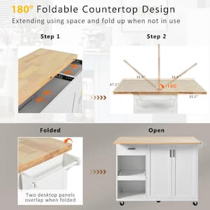 Oasis White Wood 47.2 in. Kitchen Island with Foldable Counter Top, Kitchen Storage Cart with Slide-Out Shelf