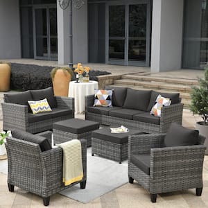 Venus Gray 6-Pcs Wicker Outdoor Patio Conversation Seating Set with Black Cushions