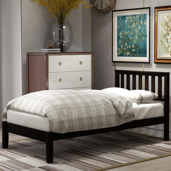 Harper & Bright Designs Espresso(Brown) Wood Frame Twin Size Platform Bed with Headboard and Slats