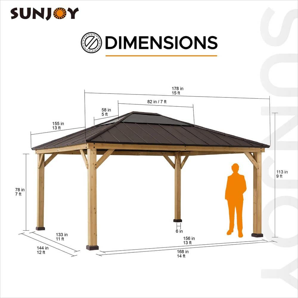 Large Brown Cedar and Steel Hardtop Gazebo for Outdoor Living