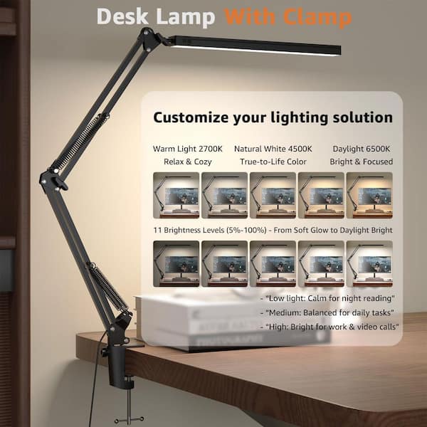 32.5  in. Black LED Clip-On Desk Lamp, 14-Watt 5 Color Modes 11-Brightness Levels Adjustable Swing Arm Timmer Function