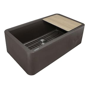 SilQgranite Espresso Granite Composite 33 in. Single Bowl Farmhouse Apron Kitchen Sink with Accessories