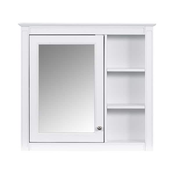 30 in. W x 28 in. H White Rectangular Wood Medicine Cabinet with Mirror and 3-Open Shelves