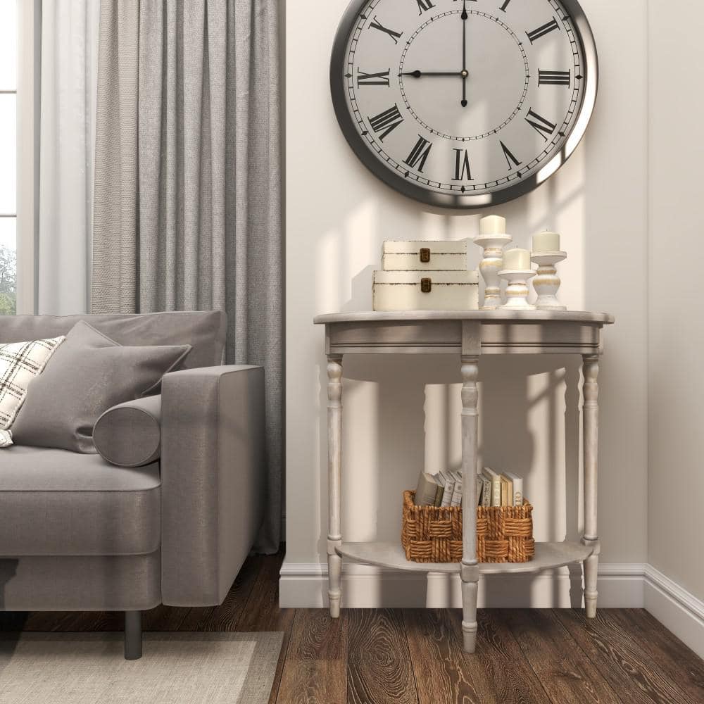 Charming Light Brown Demilune Console Table with Storage Shelf