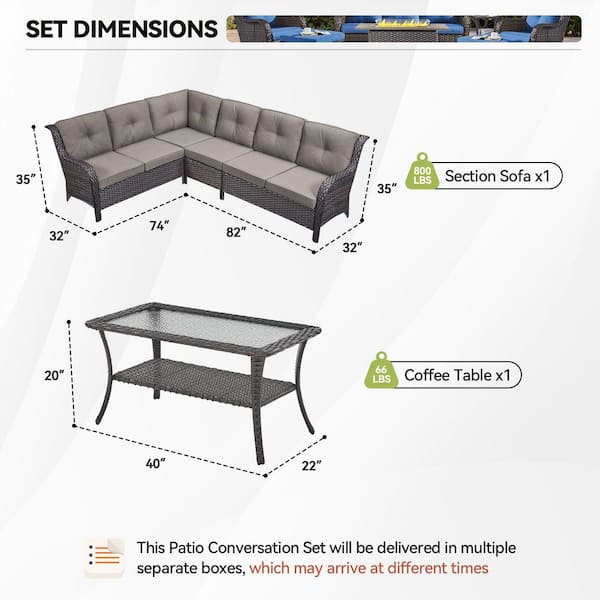 Arcline 3-Piece Brown Wicker Patio Conversation Set with Olefin Gray Cushions/L-Shaped Sofa and Coffee Table