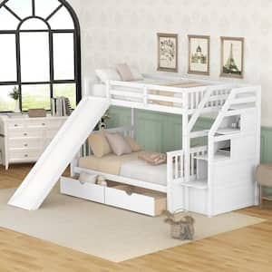 White Twin Over Full Bunk Bed with Slide for Kids and Teenagers, Solid Wood Bunk Bed Frame with Drawers and Storage