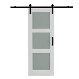 30 in. x 80 in. 3-Lite Tempered Frosted Glass White Primed MDF Composite Sliding Barn Door with Hardware Kit