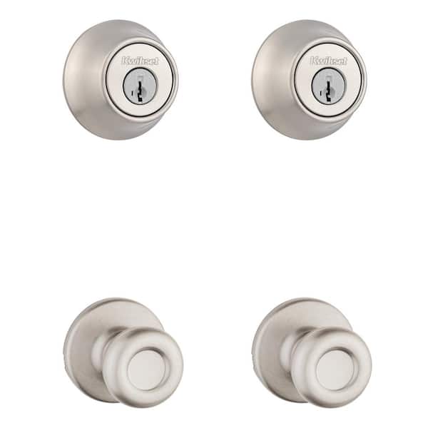 Kwikset 240 Tylo Satin Nickel Hall/Closet Door Knob and Single Cylinder Deadbolt Project Pack Featuring SmartKey Security