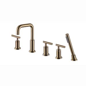3-Handle 2-Spray Settings Deck Mounted Roman Tub and Shower Faucet in Brushed Gold Valve Included