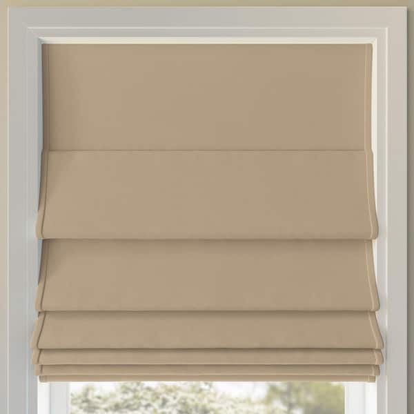 Morin Cordless Beige 100% Blackout Velvet Fabric Roman Shade 27 in. W x 64 in. L