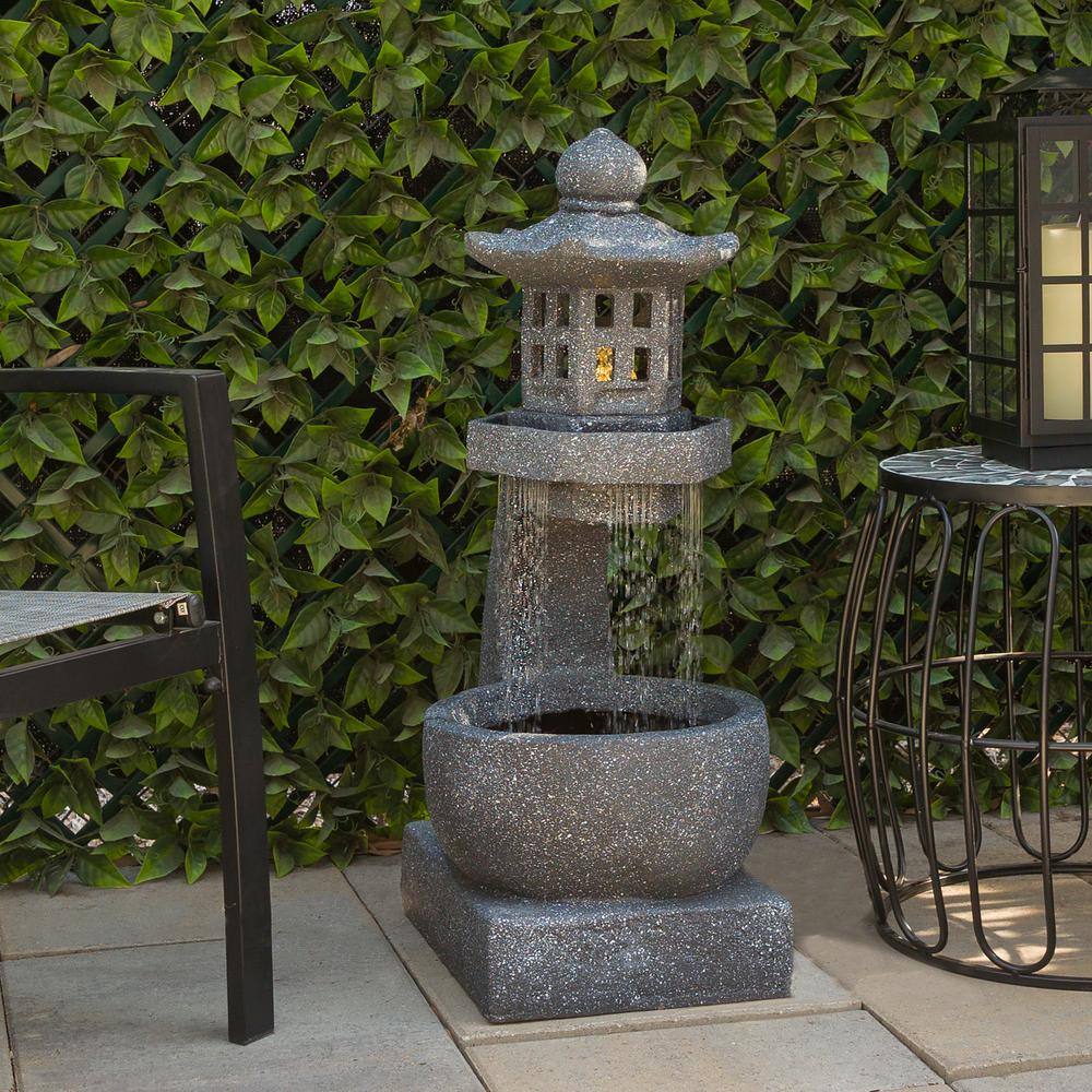 Gray Cement Zen Pagoda Fountain with LED Lights, 31"