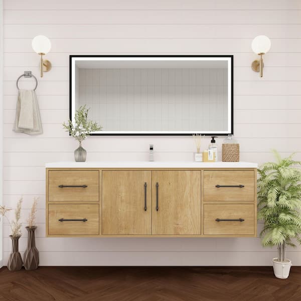 BV Better Vanity Victoria 59 in. W x 20 in. D x 22 in. H Single Sink Floating Bath Vanity in Oak with White Acrylic Top