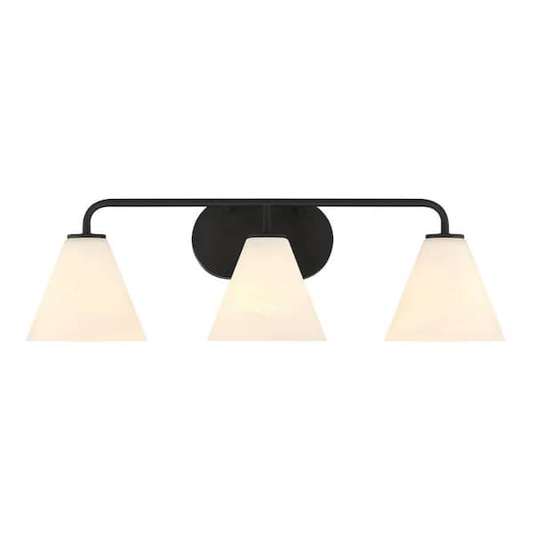 Savoy House Blair 25.5 in. W x 8 in. H 3-Light Matte Black Transitional Bathroom Vanity Light with White Strie Glass Shades