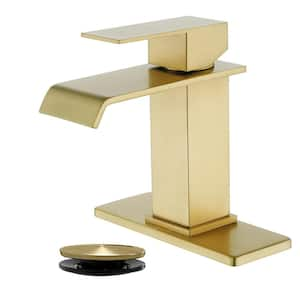 Single Handle Single Hole Bathroom Faucet with Pop-up Drain Kit Modern Waterfall Sink Basin Vanity Taps in Brushed Gold