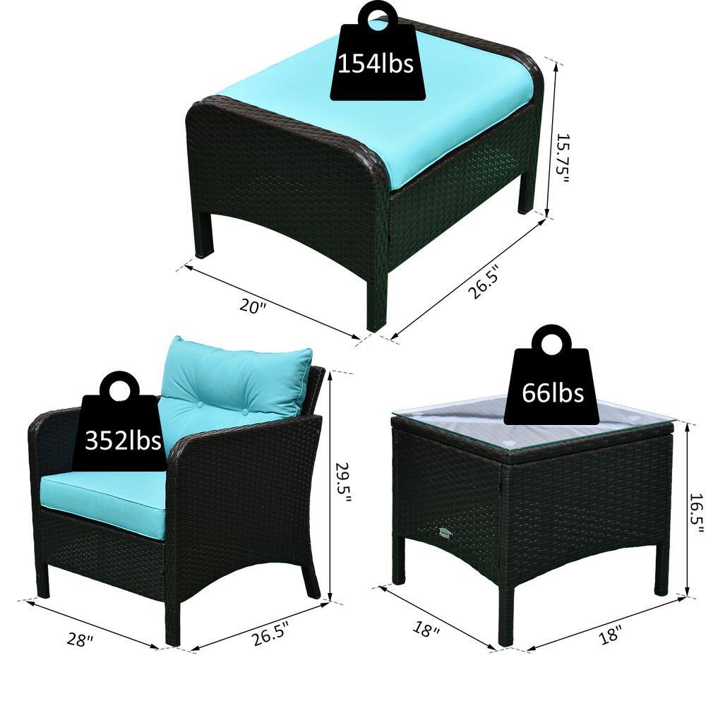 Light Blue Rattan Wicker Outdoor Patio Conversation Set with Cushions