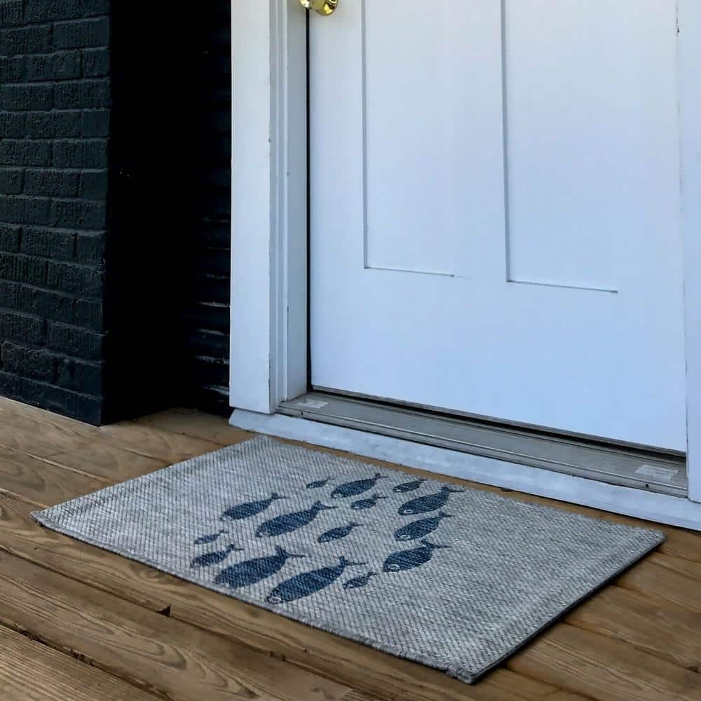 Gray and Blue Synthetic Fish Pattern Indoor/Outdoor Rug