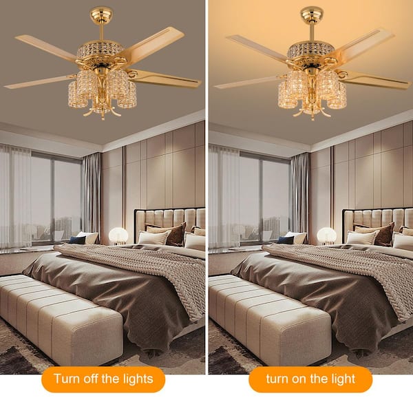 OUKANING 52 in. Indoor Gold Luxury Crystal 3-Speed Ceiling