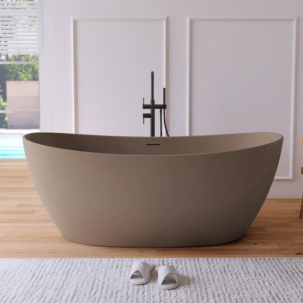 Cyrena 65 in. x 33.5 in. Stone Resin Solid Surface Flatbottom Freestanding Soaking Bathtub in Warm Gray
