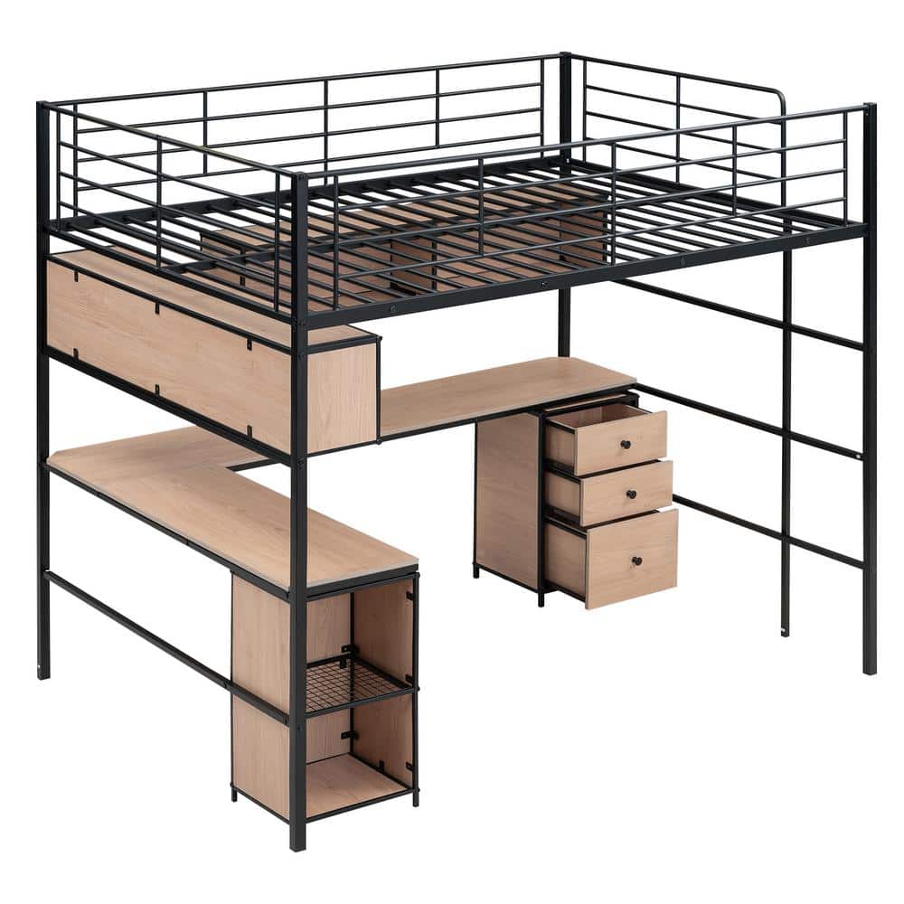 Black Metal Full Loft Bed with Bookcase and Desk