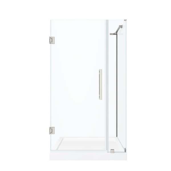 Tampa-Pro 36 in. L x 36 in. W x 75 in. H Corner Shower Kit w/Pivot Frameless Shower Door in Satin Nickel and Shower Pan