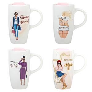 18 oz. Assorted Colors Girlfriends Travel Mug with Plastic Lid Stoneware Beverage Mugs (Set of 4)