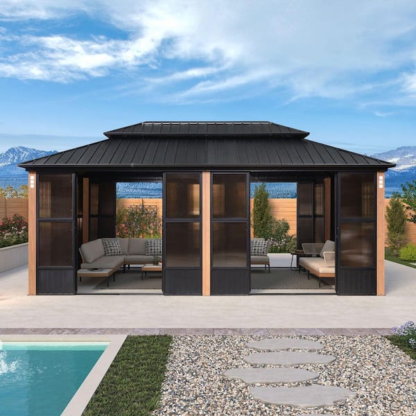 12 ft. X 20 ft. Sunroom Hardtop Gazebo Solarium Galvanized Steel Double Roof Aluminum Screen House Patio Backyard Brown