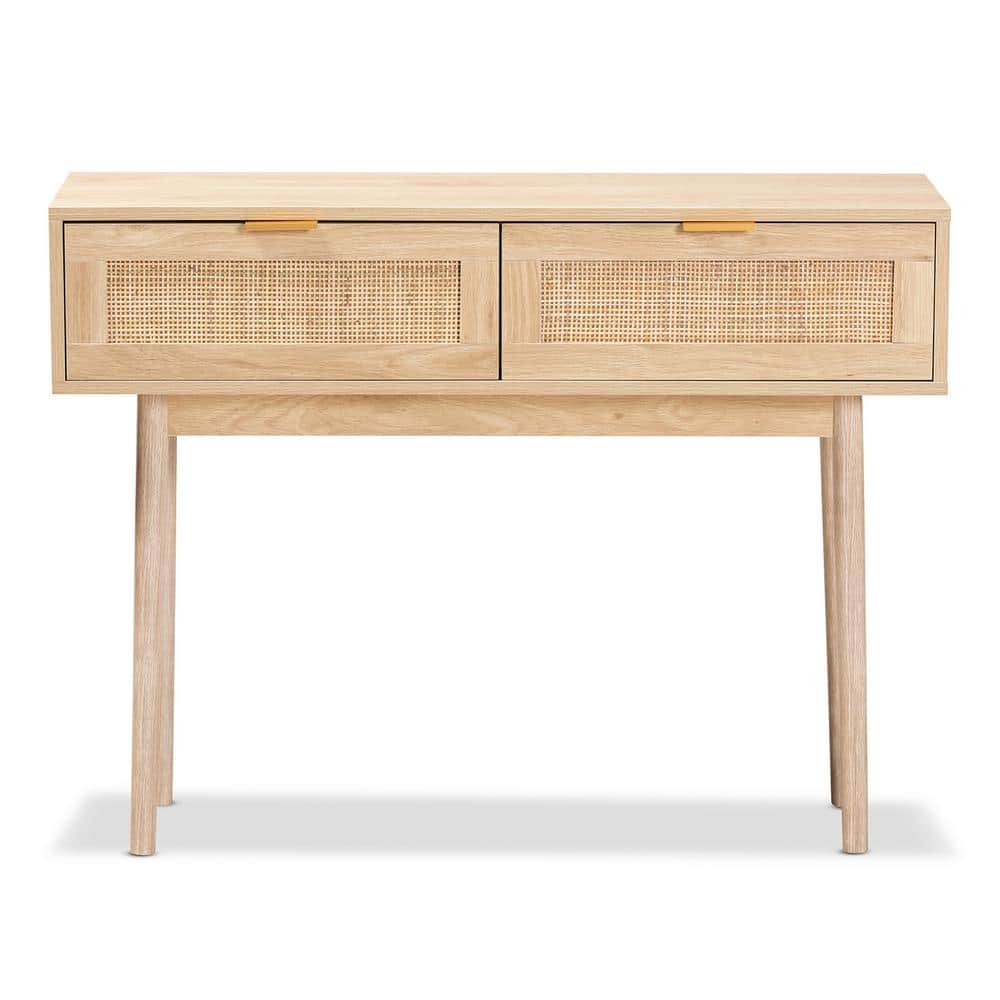 Light Oak Brown Wood and Rattan 2-Drawer Console Table