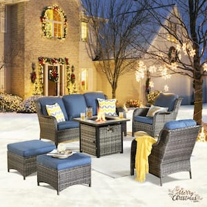 Erie Lake Gray 6-Piece Wicker Outdoor Patio Fire Pit Seating Sofa Set and with Denim Blue Cushions