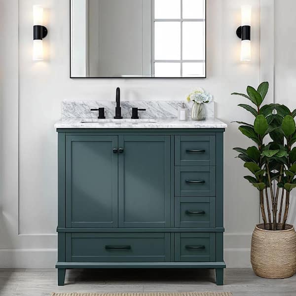 Merryfield 37 in. Single Sink Antigua Green Bath Vanity with White Carrara Marble Top (Assembled)