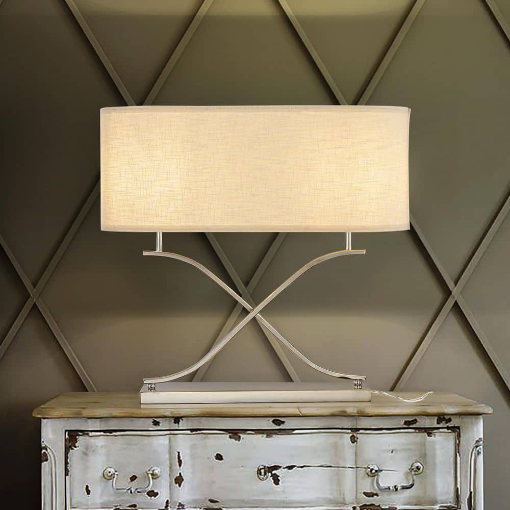 24 in. 2-Light Elegant Polished Nickel Geometric Table Lamp with Stainless 