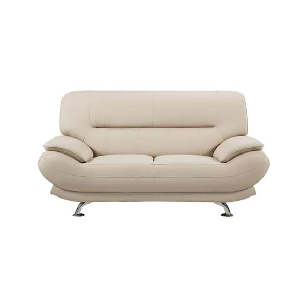 Benjara 38 in. Cream and Silver Solid Faux Leather 2-Seater Loveseat with Pillow Top Armrest