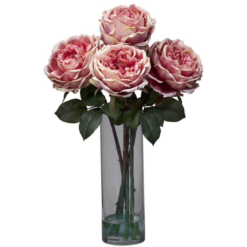 Nearly Natural 18 in. Artificial H Pink Fancy Rose with Cylinder Vase Silk Flower Arrangement The Rose is beauty and elegance personified. And that's exactly what you'll sense when you gaze upon this striking 5 bloom bouquet. Strong, green stems (replete with thorns!) give way to a lush bed of leaves, from which the supple blooms burst. A beautiful cylinder vase with faux water completes the picture. Adds beauty to any room, and also makes a great gift.