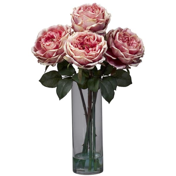 Nearly Natural 18 in. Artificial H Pink Fancy Rose with Cylinder Vase Silk Flower Arrangement