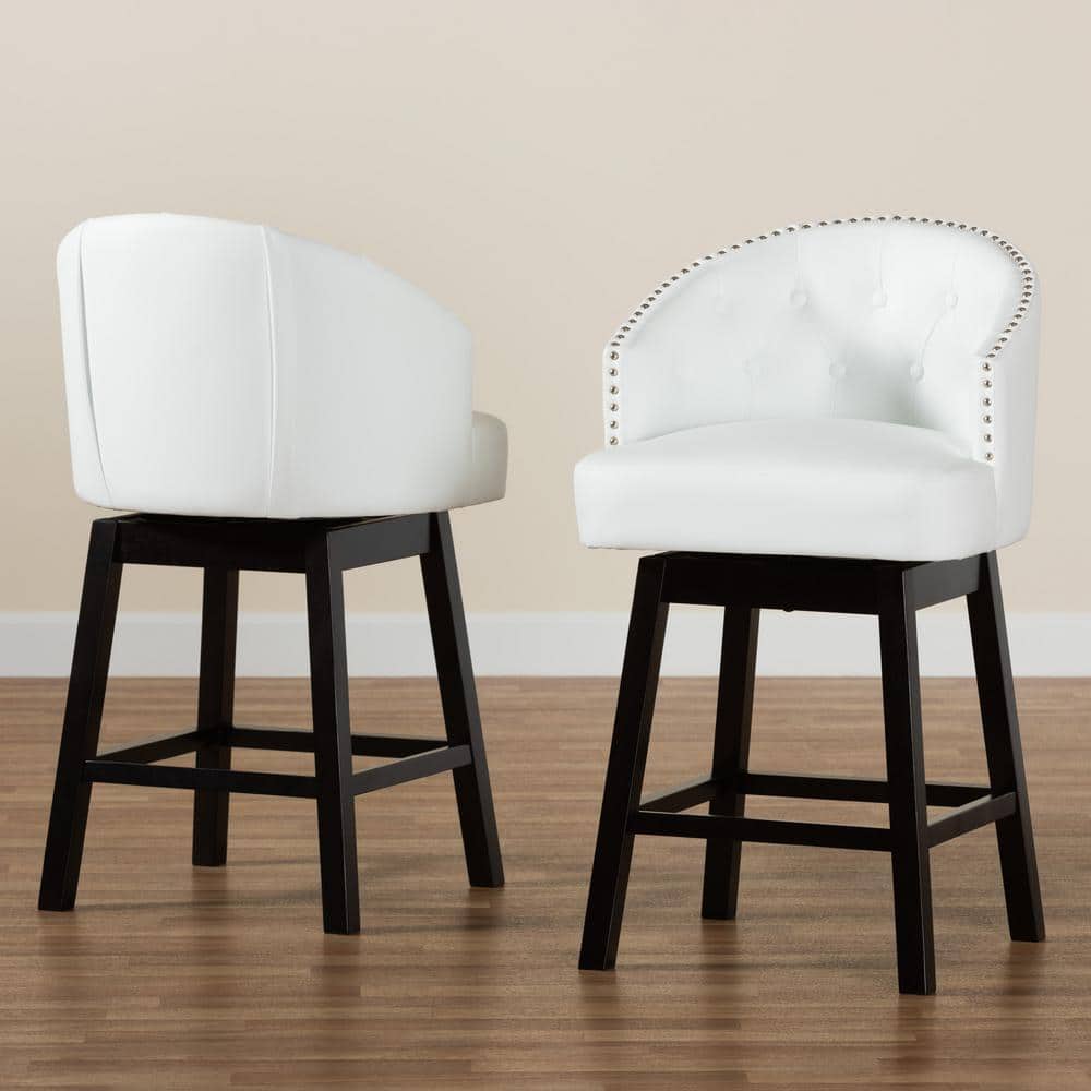 White Faux Leather and Espresso Wood Swivel Counter Stools, Set of 2
