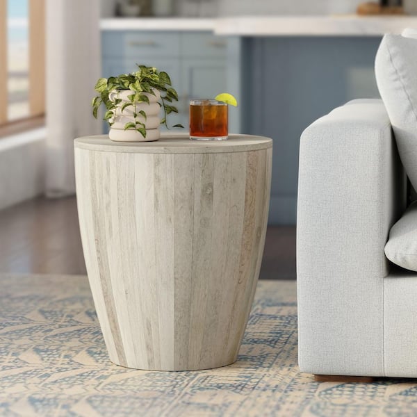 Elmbrook 21 in. Wide Round Solid Mango Wood End Table in White Wash, Assembled