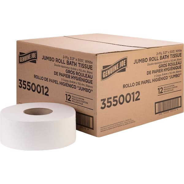 Genuine Joe Jumbo Jr Dispenser Toilet Tissue Rolls, 2-Ply, 12 Rolls/Carton