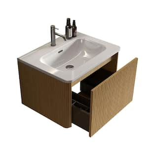 24 in. Wall Mounted Floating Modern Bath Vanity in Natural Oak with White Ceramic Sink Top and Push Open Drawer