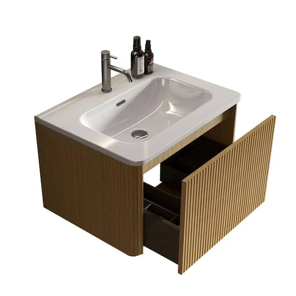 24 in. Wall Mounted Floating Modern Bath Vanity in Natural Oak with White Ceramic Sink Top and Push Open Drawer