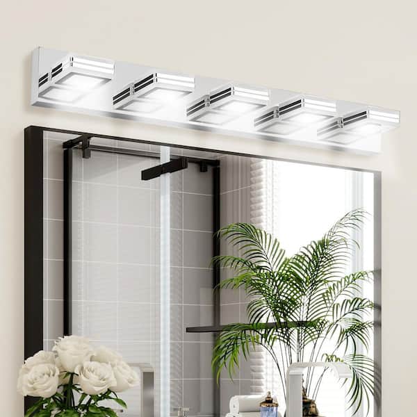 32 in. Chrome 5-Light Matte Chrome Vanity Light Fixtures, Up and Down LED Modern Bathroom Wall Sconce