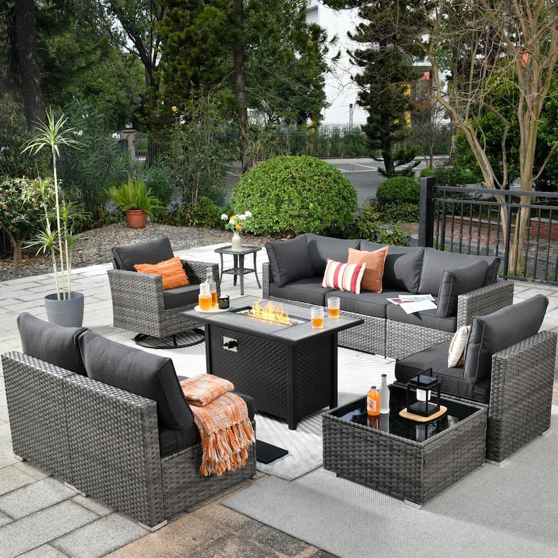 Sanibel Gray 10-Piece Wicker Patio Conversation Sofa Set with a Swivel Chair, a Metal Fire Pit and Black Cushions