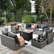 Sanibel Gray 10-Piece Wicker Patio Conversation Sofa Set with a Swivel Chair, a Metal Fire Pit and Black Cushions