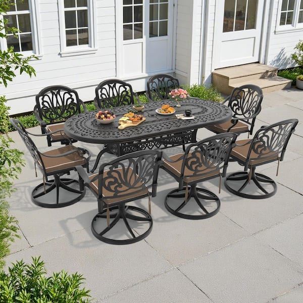 Elizabeth 9-Piece Cast Aluminum Patio Outdoor Dining Set with Oval Dining Table, 9 Swivel Chairs and 9 Brown Cushions