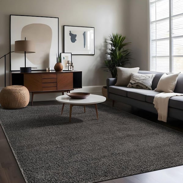 Silky Dark Gray 9 ft. x 12 ft. Solid Plus Thick Pile Non Slip Easy Clean Non Shedding Modern Indoor Area Rug