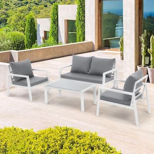 Soleil Jardin 4-piece Aluminum Outdoor Conversation Sofa Set, White Finish and Grey Cushions