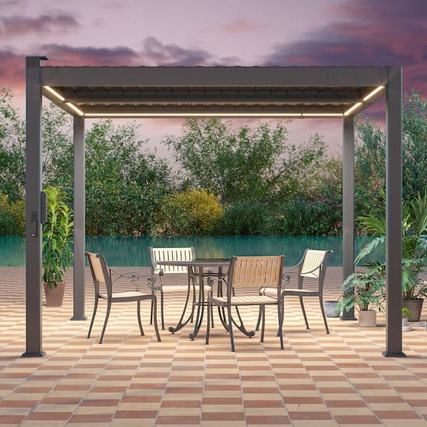 10 ft. x 10 ft. Gray Aluminum Pergola with Adjustable Louvers, LED Lights, and Solar Charging for Outdoor Living