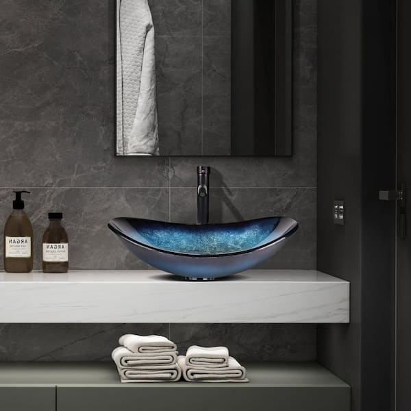 Flynama Bathroom Oval Glass Vessel Sink with Faucet in Ocean Blue
