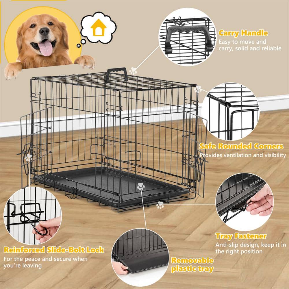 Small Black Wire Double Door Dog Crate with Tray
