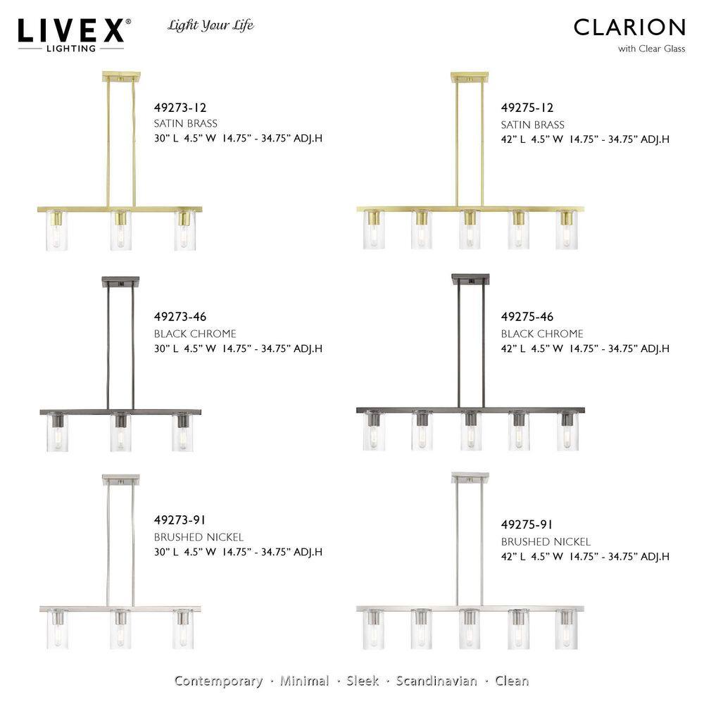 Clarion Sleek Satin Brass 5-Light Linear Chandelier with Clear Glass