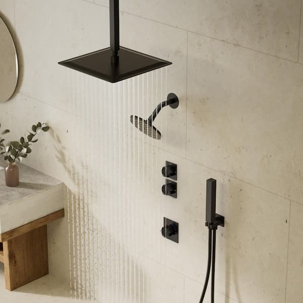 FlexiRain 5-Spray Dual Ceiling Mount 12 in. Fixed and Handheld Shower Head 2.5 GPM in Matte Black Valve Included