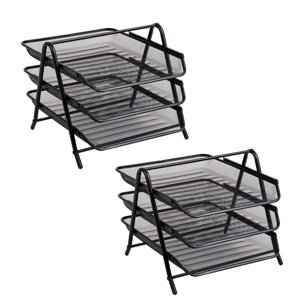 Black Metal Mesh 3-Tier Letter Tray Organizer, Set of 2